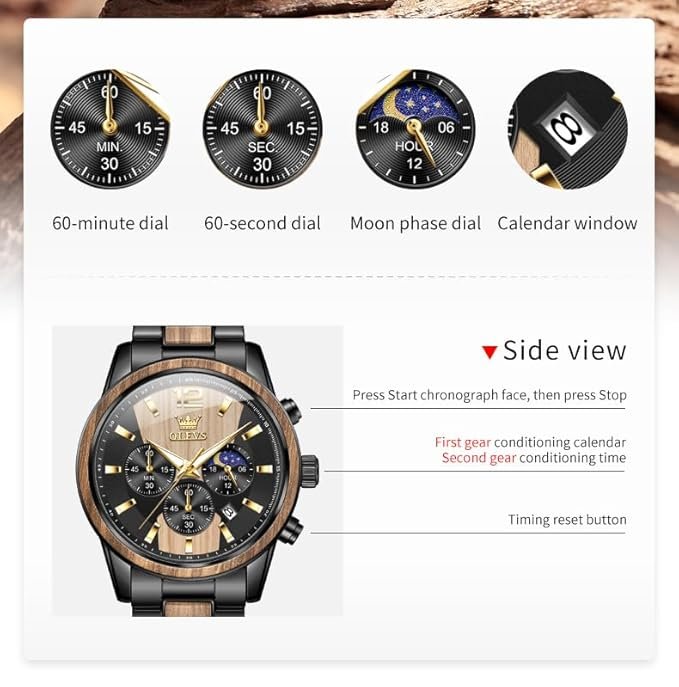 OLEVS Chronograph Watches for Men Original Analog Quartz Gold Silver Stainless Steel Metal Strap Blue Luxury Moon Phase Date Waterproof Branded Men's Wrist Watch - Image 3