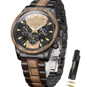 OLEVS Chronograph Watches for Men Original Analog Quartz Gold Silver Stainless Steel Metal Strap Blue Luxury Moon Phase Date Waterproof Branded Men's Wrist Watch