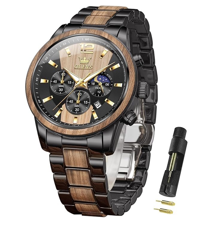 OLEVS Chronograph Watches for Men Original Analog Quartz Gold Silver Stainless Steel Metal Strap Blue Luxury Moon Phase Date Waterproof Branded Men's Wrist Watch