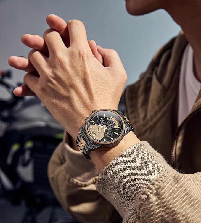 OLEVS Chronograph Watches for Men Original Analog Quartz Gold Silver Stainless Steel Metal Strap Blue Luxury Moon Phase Date Waterproof Branded Men's Wrist Watch - Image 5