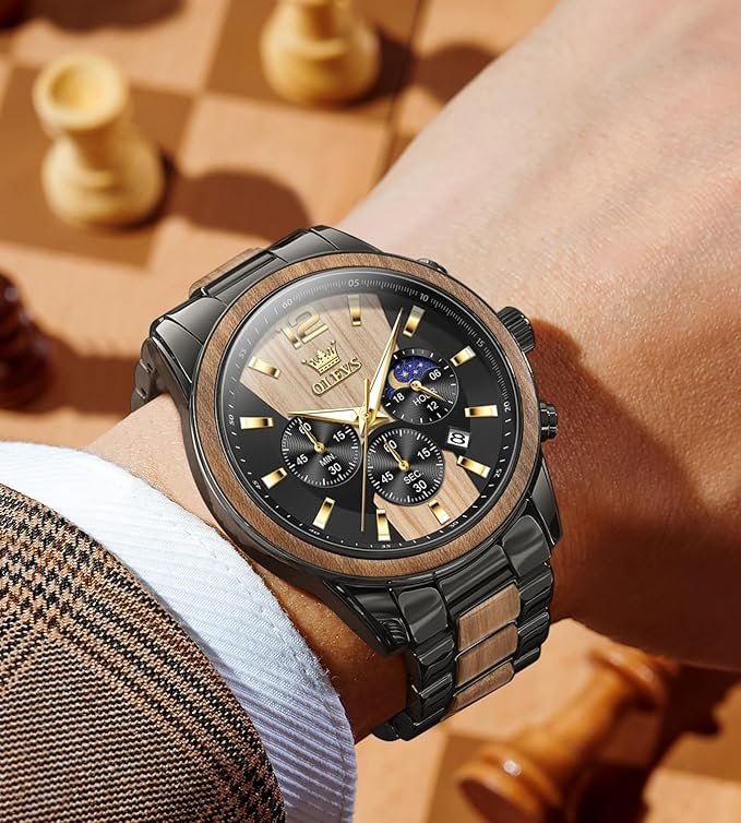 OLEVS Chronograph Watches for Men Original Analog Quartz Gold Silver Stainless Steel Metal Strap Blue Luxury Moon Phase Date Waterproof Branded Men's Wrist Watch - Image 6
