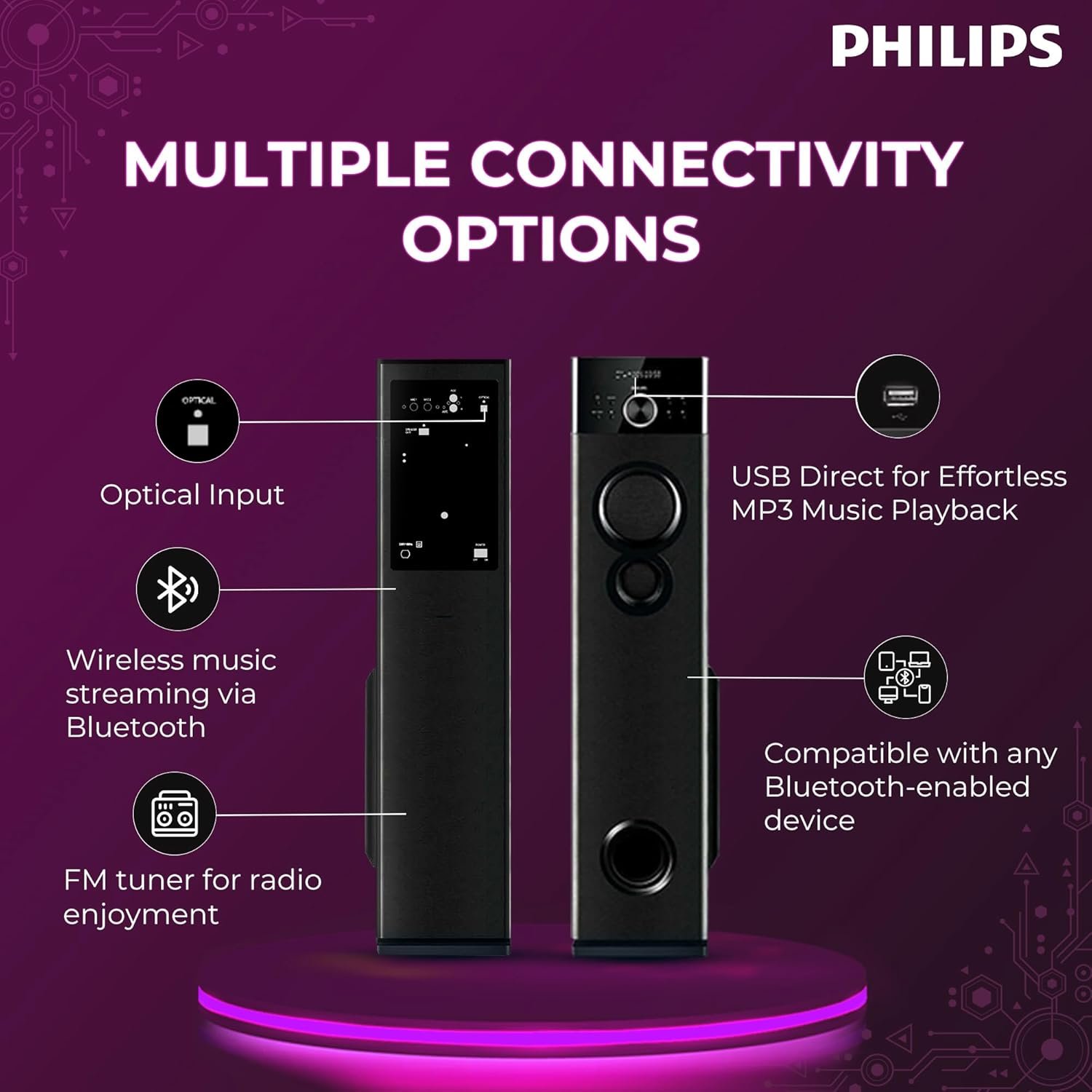 Philips Audio SPA9125 2.0CH 130W Multimedia Tower Speakers with Wireless Microphone,Multi-Connectivity Option with Supporting USB, AUX, FM,Mic & Thumping Bass with Karaoke(Black) - Image 3