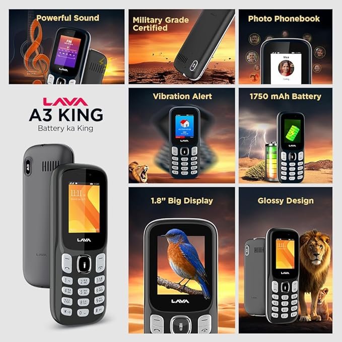 Lava A3 King Dual Sim Keypad Mobile Phone | 1750mAh Big Battery | 1.8" Large Display | 7 Languages Read & Write Support | Vibration Alert (Charcol Grey) - Image 2