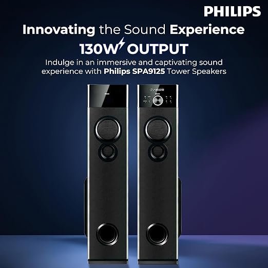 Philips Audio SPA9125 2.0CH 130W Multimedia Tower Speakers with Wireless Microphone,Multi-Connectivity Option with Supporting USB, AUX, FM,Mic & Thumping Bass with Karaoke(Black) - Image 4