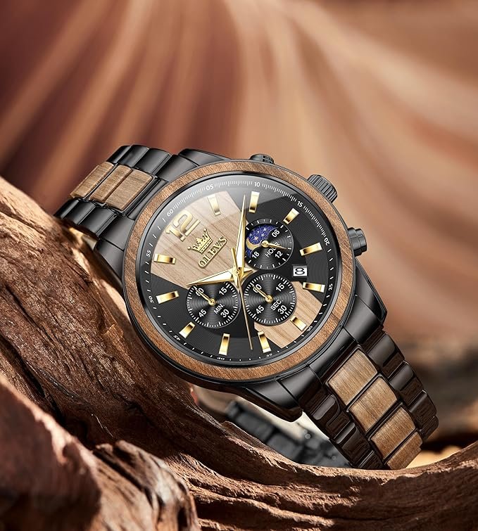 OLEVS Chronograph Watches for Men Original Analog Quartz Gold Silver Stainless Steel Metal Strap Blue Luxury Moon Phase Date Waterproof Branded Men's Wrist Watch - Image 7